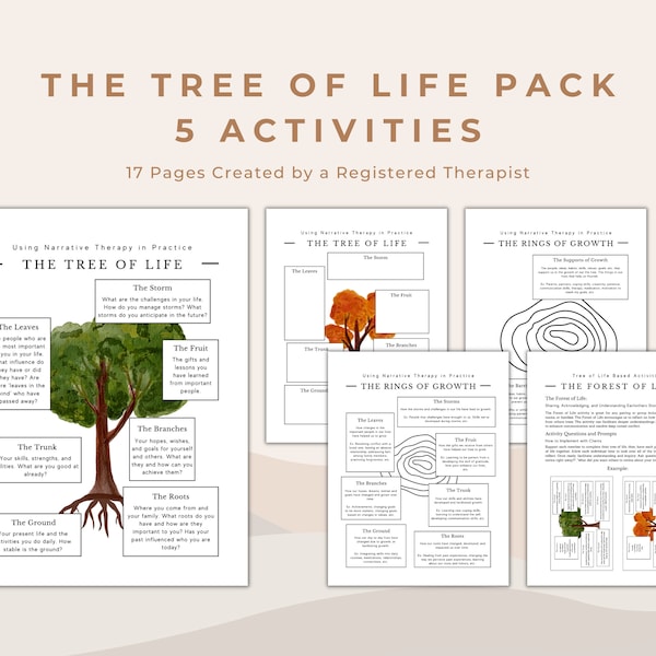 The Tree of Life and Rings of Growth Narrative Therapy Activity Bundle | 5 Therapeutic Activities and Worksheets for Mental Health Support