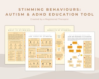 Puede incluir: Una infografía de tres partes titulada "Comportamientos de estimulación: Herramienta de educación sobre el autismo y el TDAH" creada por un terapeuta registrado. La infografía explica qué es la estimulación, los tipos de estimulación, los beneficios de la estimulación y cómo las personas responden a la estimulación. La infografía utiliza una variedad de colores, incluidos el amarillo, el naranja, el rojo y el azul.