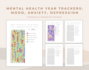 Yearly Mental Health, Mood, Anxiety, and Depression Trackers Tracking Self-Help and Self-Care | Bullet Journalling Pages and Worksheets