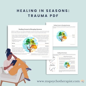 Può includere: Una stampa digitale intitolata "Guarigione nelle stagioni: PDF sul trauma" con una donna seduta che tiene in mano un tablet. La stampa presenta testo e illustrazioni sulla guarigione, tra cui un albero che rappresenta i cambiamenti stagionali.