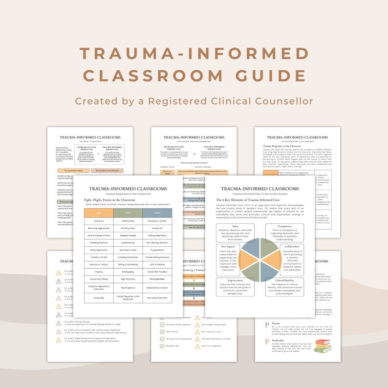May include: A guide for educators on trauma-informed classrooms. The guide includes information on trauma responses in the classroom, the 6 key elements of trauma-informed care, and tips for creating a safe and supportive learning environment.