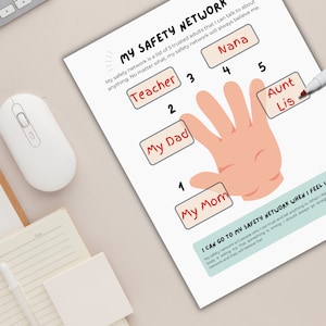 Peut inclure: Une feuille de travail imprimable avec une main dessin&eacute;e dessus. La main a cinq doigts, chacun avec une case &agrave; c&ocirc;t&eacute;. Les cases sont &eacute;tiquet&eacute;es avec les noms d'adultes de confiance, tels que "Teacher", "My Dad", "My Mom", "Nana", et "Aunt Lis". La feuille de travail est intitul&eacute;e "My Safety Network" et comprend le texte "My safety network is a list of 5 trusted adults that I can talk to about anything. No matter what, my safety network will always believe me." et "I can go to my safety network when I feel unsafe! My safety network is 5 people who I can trust and tell anything to. When my body is telling me that something is wrong, I should always go straight to my safety network and they will believe me."