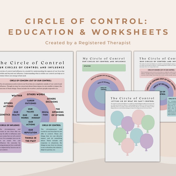 Hojas de trabajo y herramienta de psicoeducación del círculo de control e influencia / Terapeuta y consejero escolar / Cuaderno de ejercicios de relajación de la ansiedad