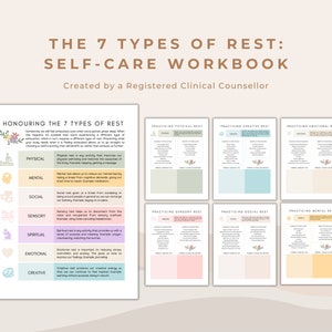 7 Types of Rest Self-Care Workbook For Mental Health and Wellbeing | Counselling and Therapy Worksheets for Self-Care