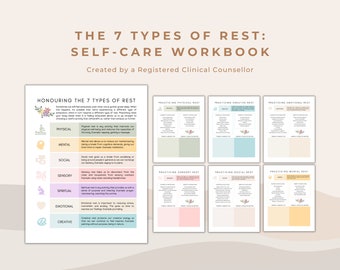 7 Types of Rest Self-Care Workbook For Mental Health and Wellbeing | Counselling and Therapy Worksheets for Self-Care