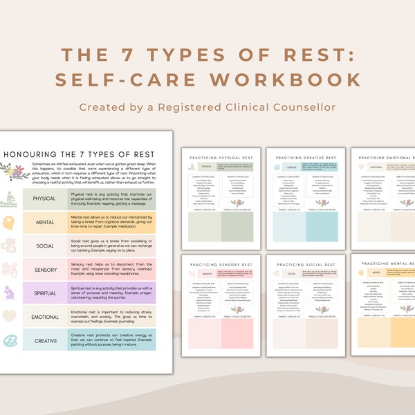 7 Types of Rest Self-Care Workbook For Mental Health and Wellbeing | Counselling and Therapy Worksheets for Self-Care