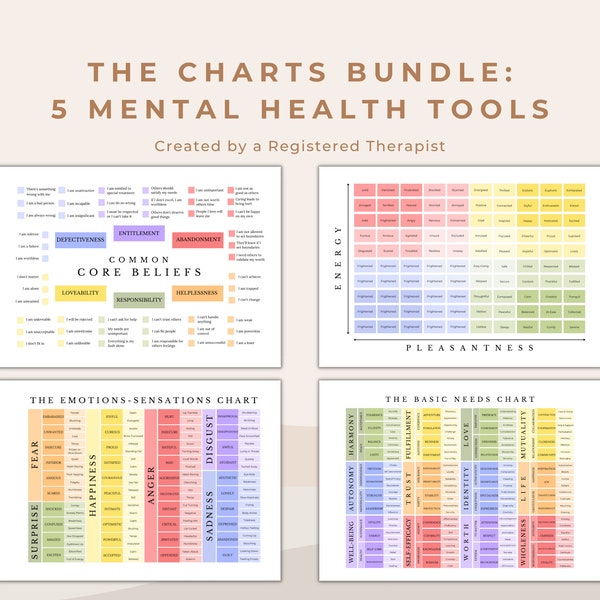 Paquete de gráficos de salud mental de herramientas para terapeutas y consejeros escolares/gráfico de emociones, necesidades básicas, sensaciones, creencias fundamentales y medidor de estado de ánimo