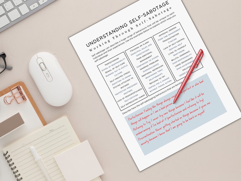 May include: A black and white printable worksheet with the title "Understanding Self-Sabotage: Working Through Self-Sabotage". The worksheet lists common self-sabotaging behaviors and provides a space to describe the self-sabotaging behaviors that are familiar to the user.