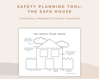 Peut inclure: Une feuille de travail imprimable en noir et blanc intitulée "The Safety Plan House" avec une illustration de maison et des cases de texte pour écrire des informations sur le plan de sécurité. La feuille de travail est conçue pour aider les gens à créer un plan de sécurité pour gérer les défis de santé mentale.
