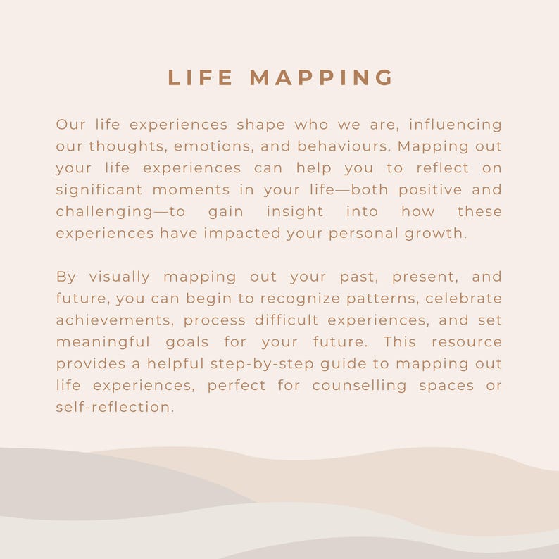 May include: A beige and white illustration of wavy lines with the text "LIFE MAPPING" in brown text at the top of the image. The text below explains how mapping out life experiences can help with personal growth.