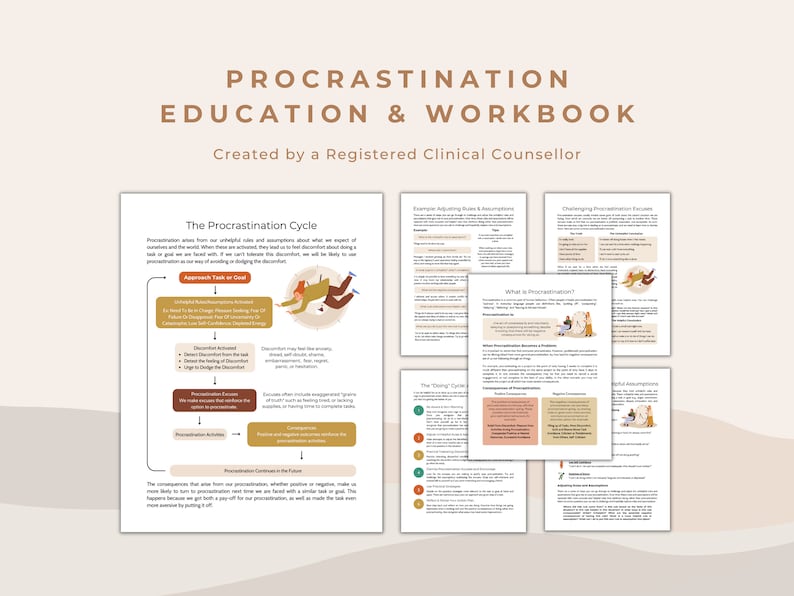 K&ouml;nnte beinhalten: Ein Prokrastinations-Lehrbuch und Arbeitsbuch, erstellt von einem registrierten klinischen Berater. Das Arbeitsbuch enth&auml;lt ein Diagramm des Prokrastinationszyklus, Beispiele f&uuml;r die Anpassung von Regeln und Annahmen, Herausforderungen f&uuml;r Prokrastinationsausreden und Informationen dar&uuml;ber, was Prokrastination ist und wie man sie &uuml;berwindet.