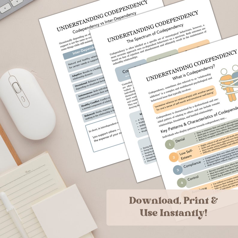 Printed therapy worksheets placed on a desk, 4 worksheets included.