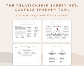May include: A printable worksheet for couples therapy. The worksheet is titled "The Relationship Safety Net Worksheet" and includes a diagram of a safety net with a heart in the middle. The worksheet is designed to help couples identify and build a safety net in their relationship.