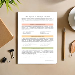May include: A white and black infographic with the title "The Injuries of Betrayal Trauma". The infographic lists the impacts of betrayal trauma on attachment, emotions, and mental health.
