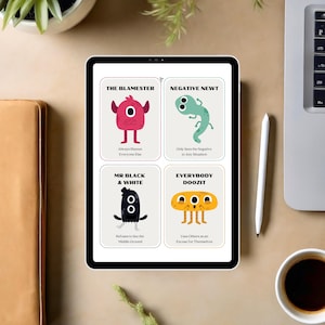 May include: Four colorful cards with monster illustrations and text describing different personality types. The cards are titled "The Blamester", "Negative Newt", "Mr Black & White", and "Everybody Doozit".