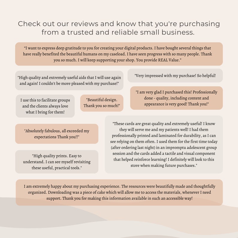 Pu&ograve; includere: Un collage di recensioni dei clienti che evidenziano le esperienze positive con una piccola impresa. Le recensioni sono visualizzate in una variet&agrave; di colori e caratteri, con ogni recensione che si concentra su un diverso aspetto dei prodotti e servizi dell'azienda.