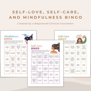 Tarjetas BINGO para mejorar la salud mental, el bienestar y las habilidades de afrontamiento, amor propio, cuidado personal, atención plena y herramientas de asesoramiento