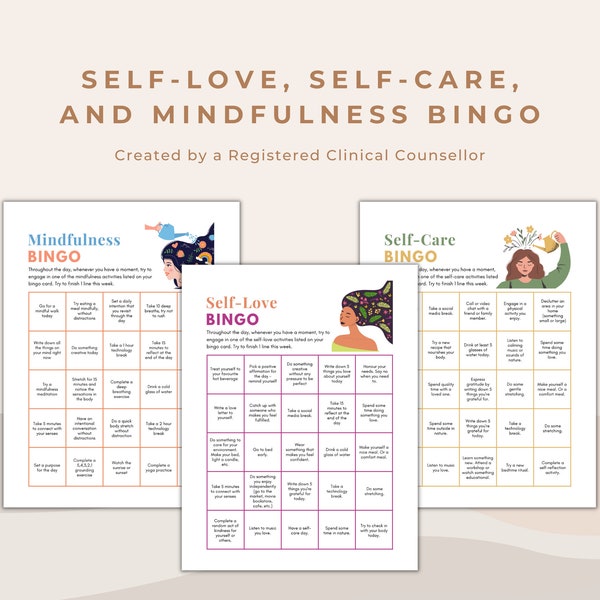 Self-Love, Self-Care, Mindfulness, and Coping Skills BINGO Cards for Enhancing Mental Health, Wellness, & Wellbeing | Tools for Counselling