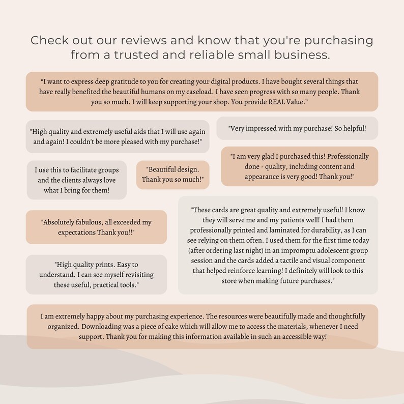 May include: A collage of customer reviews highlighting the positive experiences with a small business. The reviews praise the quality, usefulness, and design of the products. The text includes phrases like "high quality", "extremely useful", "beautiful design", and "professionally done".