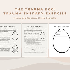 May include: A printable worksheet titled "The Trauma Egg: Trauma Therapy Exercise" with three sections. The first section explains the concept of the trauma egg and how to use it. The second section shows a blank egg shape and the third section shows an egg shape filled with small circles. The text "Created by a Registered Clinical Counsellor" is at the top of the page.