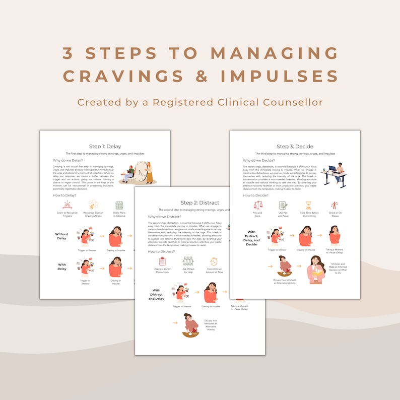 May include: A three-step guide to managing cravings and impulses. The steps are delay, distract, and decide. Each step is illustrated with a cartoon character and a list of tips. The guide is created by a registered clinical counsellor.