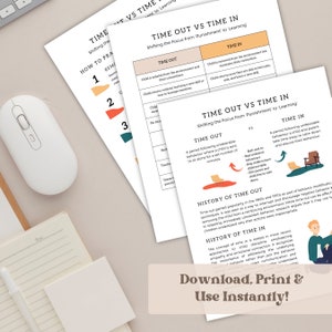 May include: Two printable worksheets with information about time out and time in as parenting techniques. The worksheets are titled "Time Out vs Time In" and "Time Out vs Time In: Shifting the Focus from Punishment to Learning". The worksheets are on a white background with colorful illustrations.