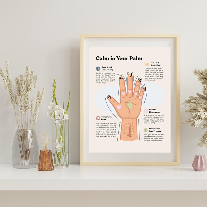 K&ouml;nnte beinhalten: Ein gerahmter Druck mit dem Titel "Calm in Your Palm" mit einem hellen Holzrahmen. Der Druck zeigt ein Handdiagramm mit nummerierten Schritten f&uuml;r Entspannungstechniken. Der Hintergrund ist hellbeige. Dekorative Vasen und Blumen sind im Vordergrund.