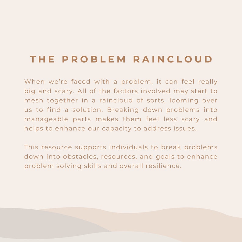 K&ouml;nnte beinhalten: Beige Grafik mit braunem Text. Der Text lautet "THE PROBLEM RAINCLOUD" und beschreibt das Aufteilen von Problemen in handhabbare Teile, um die F&auml;higkeiten zur Probleml&ouml;sung und die Widerstandsf&auml;higkeit zu verbessern.