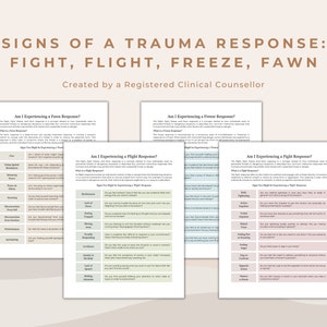 Signs of Fight Flight Freeze and Fawn Response Worksheets for the Autonomic Nervous System in Trauma Therapy PTSD Awareness for Therapist