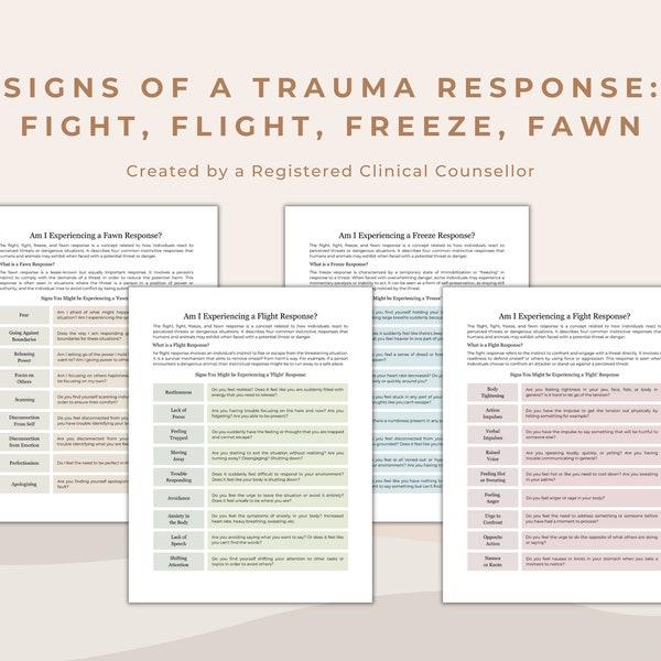 Signs of Fight Flight Freeze and Fawn Response Worksheets for the Autonomic Nervous System in Trauma Therapy PTSD Awareness for Therapist