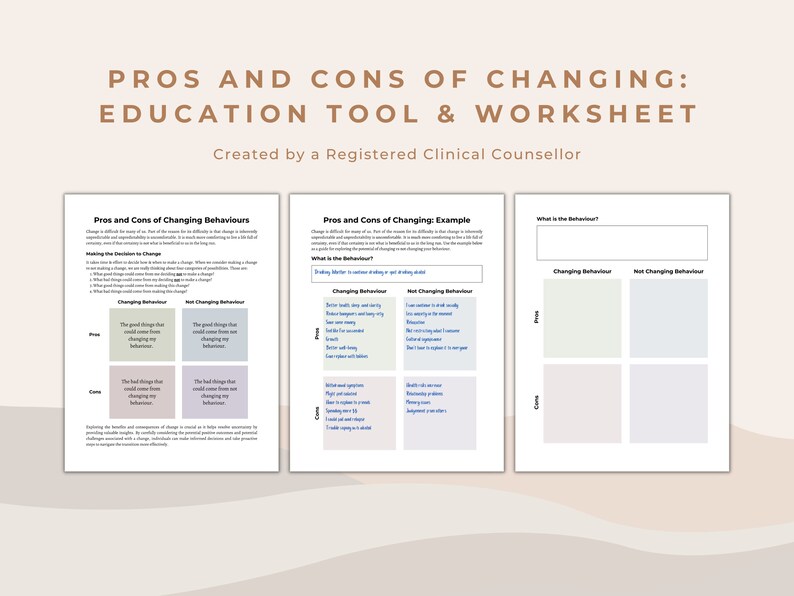 Behavior Change Workbook Examples Behavior Change Worksheet: Pros & Cons Psychoeducation Tool (PDF) - Etsy