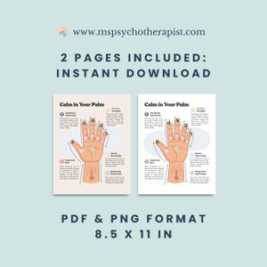 K&ouml;nnte beinhalten: Zwei bedruckbare Seiten mit dem Titel "Calm in Your Palm" mit Anweisungen f&uuml;r Erdungstechniken. Die Seiten zeigen Illustrationen einer Hand mit nummerierten Punkten und Text. Das Format ist PDF & PNG, Gr&ouml;&szlig;e 21,59 x 27,94 cm.