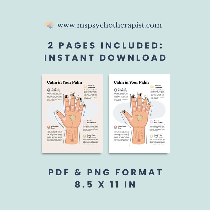 K&ouml;nnte beinhalten: Zwei bedruckbare Seiten mit dem Titel "Calm in Your Palm" mit Anweisungen f&uuml;r Erdungstechniken. Die Seiten zeigen Illustrationen einer Hand mit nummerierten Punkten und Text. Das Format ist PDF & PNG, Gr&ouml;&szlig;e 21,59 x 27,94 cm.
