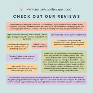 K&ouml;nnte beinhalten: Ein Screenshot einer Webseite mit dem Text "CHECK OUT OUR REVIEWS" und der Adresse www.mspsychotherapist.com. Die Seite zeigt Kundenrezensionen in farbigen Textblasen, die die Qualit&auml;t und N&uuml;tzlichkeit der digitalen Produkte hervorheben.