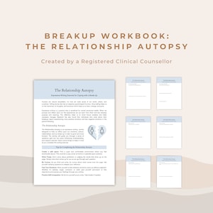 Peut inclure: Un cahier d'exercices pour la rupture intitulé "L'autopsie de la relation" avec un graphique de cœur brisé. Le cahier est conçu pour aider les gens à faire face à une rupture grâce à des exercices d'écriture expressive.