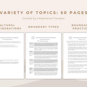 May include: A workbook titled "The Healthy Boundaries Workbook" with three sections: Cultural Considerations, Boundary Types, and Boundary Practice. Each section has text explaining the topic.