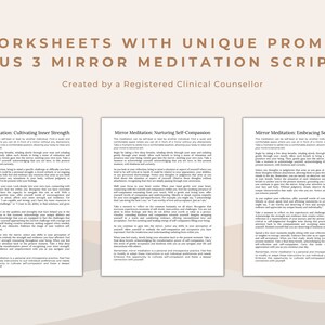 May include: Three printable worksheets with unique prompts and three mirror meditation scripts for cultivating inner strength, nurturing self-compassion, and embracing self-reflection. Created by a registered clinical counsellor.