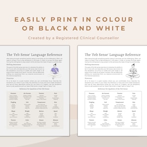 K&ouml;nnte beinhalten: Zwei druckbare Arbeitsbl&auml;tter mit dem Titel "The 'Felt Sense' Language Reference". Die Arbeitsbl&auml;tter sind in Schwarzwei&szlig; mit einer einfachen Strichzeichnung einer Person, die in meditativer Haltung sitzt. Die Arbeitsbl&auml;tter enthalten eine Liste von W&ouml;rtern und Phrasen, die sich auf die Sinne beziehen, wie z. B. Druck, Temperatur und Form.