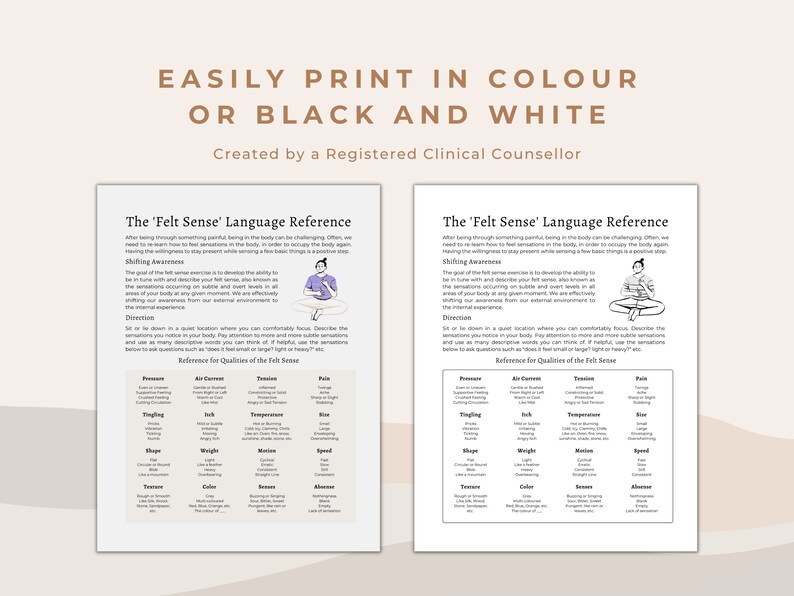 K&ouml;nnte beinhalten: Zwei druckbare Arbeitsbl&auml;tter mit dem Titel "The 'Felt Sense' Language Reference". Die Arbeitsbl&auml;tter sind in Schwarzwei&szlig; mit einer einfachen Strichzeichnung einer Person, die in meditativer Haltung sitzt. Die Arbeitsbl&auml;tter enthalten eine Liste von W&ouml;rtern und Phrasen, die sich auf die Sinne beziehen, wie z. B. Druck, Temperatur und Form.