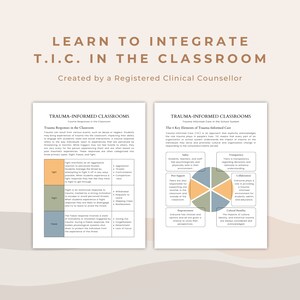 May include: A printable classroom resource with two pages of information about trauma-informed classrooms. The first page explains trauma responses in the classroom, and the second page explains the six key elements of trauma-informed care. The pages are illustrated with a Venn diagram.