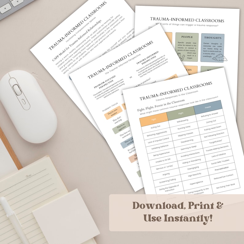 May include: A set of printable classroom posters with the title "Trauma-Informed Classrooms". The posters feature information about trauma-informed practices and how to support students who have experienced trauma. The posters are in a light blue, green, and brown color scheme.