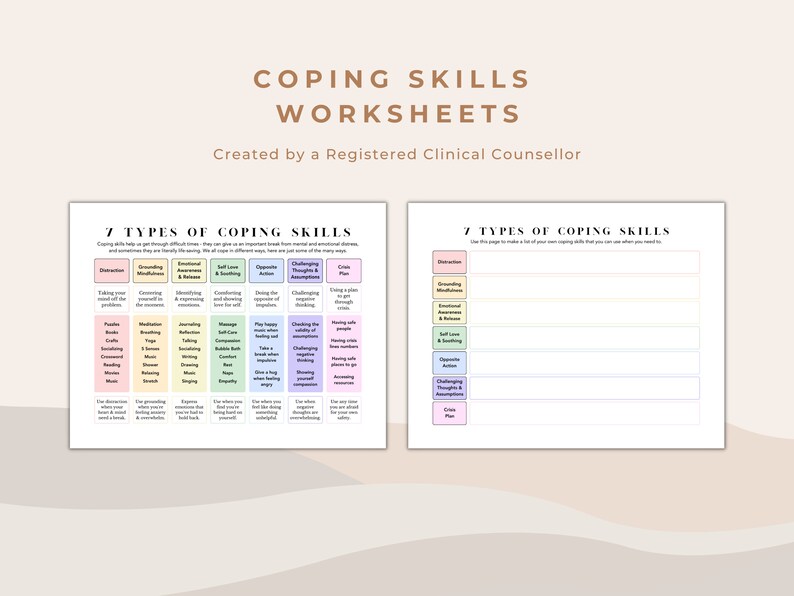 Peut inclure: Deux feuilles de travail intitul&eacute;es "Coping Skills Worksheets" cr&eacute;&eacute;es par un conseiller clinique agr&eacute;&eacute;. La premi&egrave;re liste sept types de comp&eacute;tences d'adaptation avec des exemples. La seconde est un mod&egrave;le vierge.