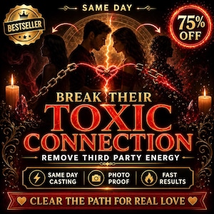 May include: A digital graphic featuring two silhouettes facing each other, connected by a glowing red chain and heart. Text reads: SAME DAY, BESTSELLER, 75% OFF, BREAK THEIR TOXIC CONNECTION, REMOVE THIRD PARTY ENERGY, SAME DAY CASTING, PHOTO PROOF, FAST RESULTS, CLEAR THE PATH FOR REAL LOVE.