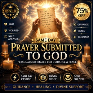 Op de afbeelding: Een digitale afbeelding met de tekst SAME DAY PRAYER SUBMITTED TO GOD, met handen die een perkament met een gebed vasthouden, omringd door brandende kaarsen, een ganzenveer en diverse iconen waaronder een hart, kruis en bliksemschicht.