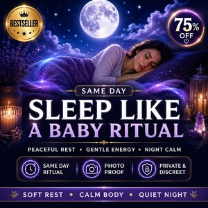 Könnte beinhalten: Eine digitale Grafik mit einer Person, die unter einer violetten Decke unter einem Vollmond schläft. Der Text lautet: SAME DAY SLEEP LIKE A BABY RITUAL, PEACEFUL REST, GENTLE ENERGY, NIGHT CALM, SAME DAY RITUAL, PHOTO PROOF, PRIVATE & DISCREET, SOFT REST, CALM BODY, QUIET NIGHT.