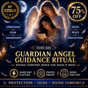 Può includere: Un grafico digitale che mostra un angelo con ali luminose che abbraccia una persona intenta a leggere una lettera. Il testo include BESTSELLER, 75% OFF, CONFUSION, FEAR, UNCERTAINTY, SIGNS, PEACE, PROTECTION, SAME DAY GUARDIAN ANGEL GUIDANCE RITUAL.