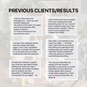 May include: Image featuring text testimonials from previous clients, with the heading "PREVIOUS CLIENTS/RESULTS." The testimonials are in white text boxes, sharing positive experiences and feedback. The background is a soft, blurred image.