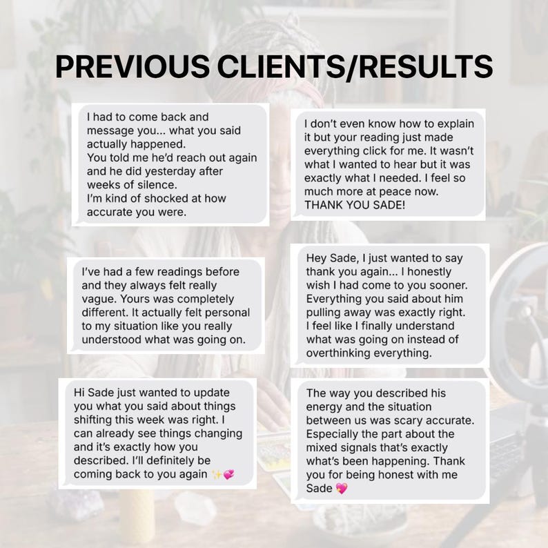 May include: Image featuring text testimonials from previous clients, with the heading "PREVIOUS CLIENTS/RESULTS." The testimonials are in white text boxes, sharing positive experiences and feedback. The background is a soft, blurred image.