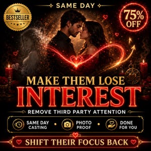 May include: A digital graphic featuring a couple in a romantic embrace with glowing red light effects, candles, and hearts. Text includes SAME DAY, 75% OFF, BESTSELLER, MAKE THEM LOSE INTEREST, REMOVE THIRD PARTY ATTENTION, SAME DAY CASTING, PHOTO PROOF, DONE FOR YOU, SHIFT THEIR FOCUS BACK.