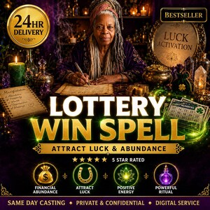 Puede incluir: Un gráfico digital que muestra a una persona escribiendo en un pergamino, rodeada de velas, cristales y monedas de oro. El texto incluye "LOTTERY WIN SPELL", "BESTSELLER", "24HR DELIVERY" y "LUCK ACTIVATION", con iconos de abundancia financiera.